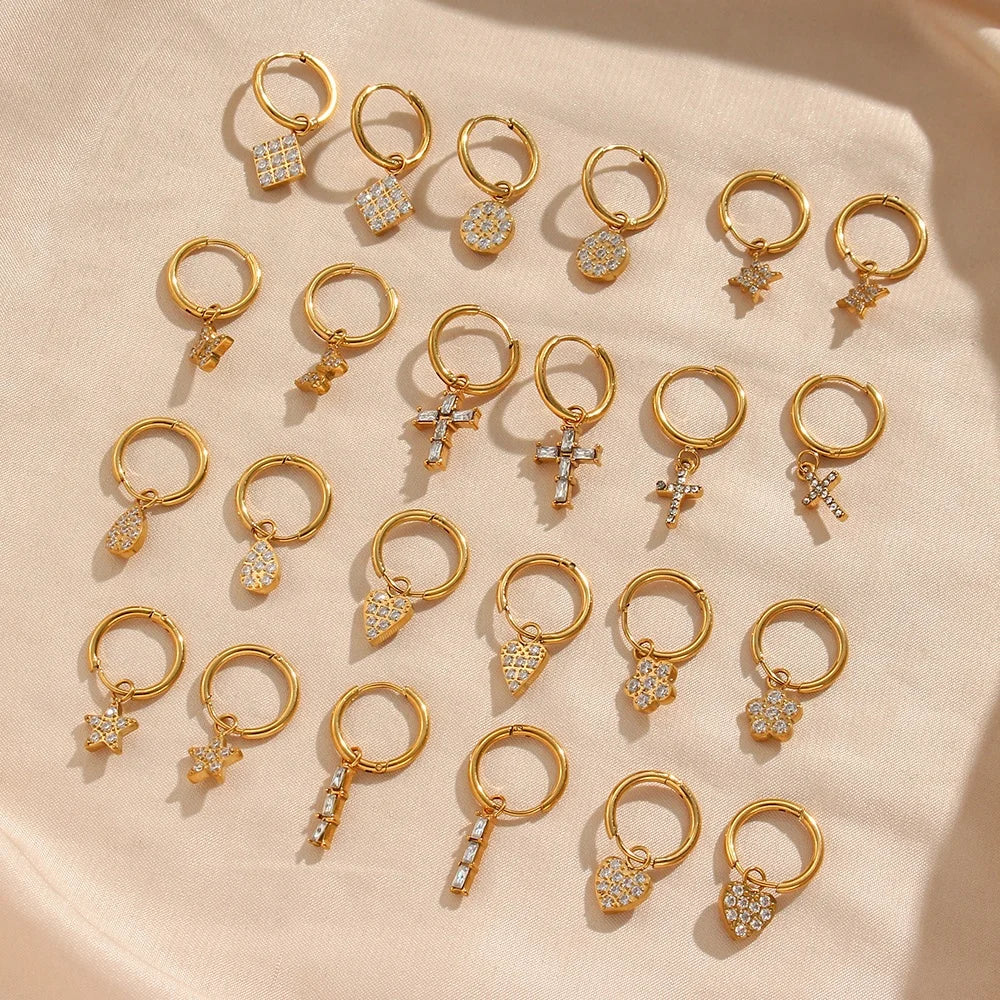 Dainty Zircon Cross Heart Water Drop Jewelry Stainless Steel Hoop Earring Set Gold Plated Jewelry Gifts for Women