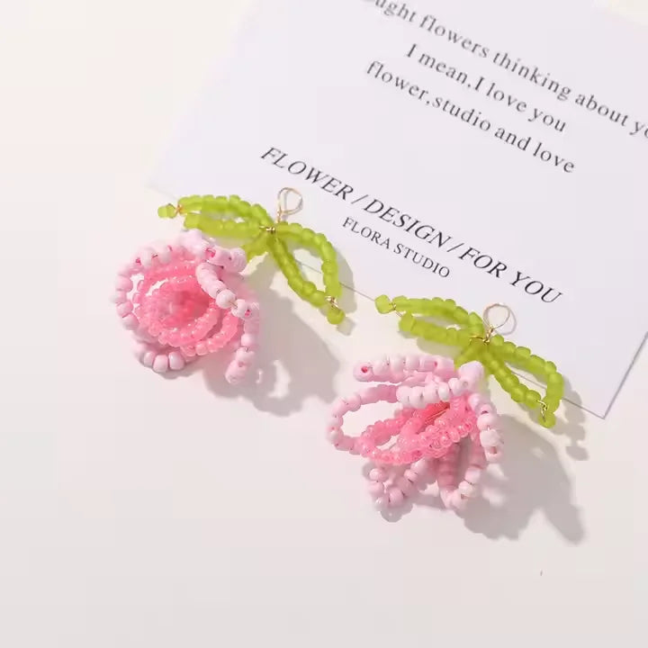 Dainty 35*55mm Seed Beaded Tassel Handmade Pink Beaded Flower Dangle for DIY Earring Jewelry Accessories
