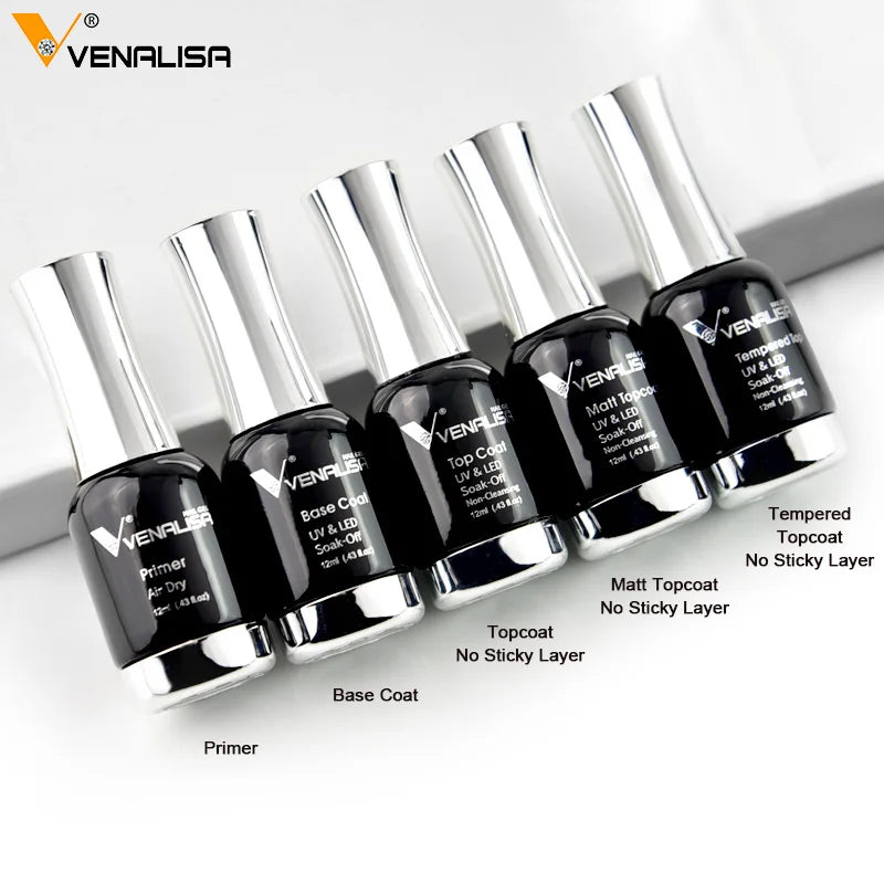 Venalisa Acid Free Primer Water Base Coat No Wipe Top Coat Matt Top Diamond Long Wear Tempered Top Coat Enamel Nail Polish Gel MegaBDM