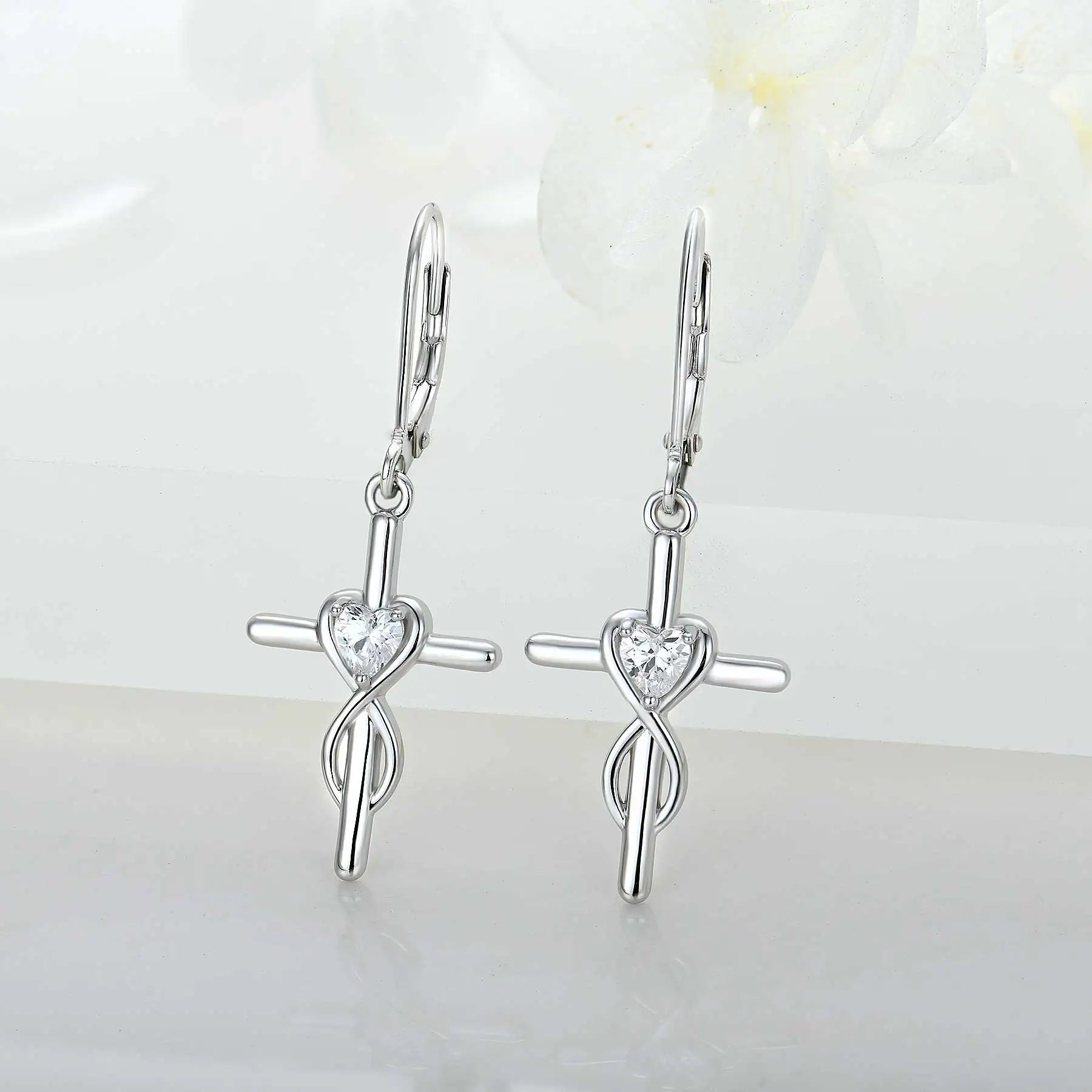 QX Custom OEM Qingxin Women 925 Sterling Silver Religious Cross Heart Zircon Fine Jewelry Huggie Drop Earrings