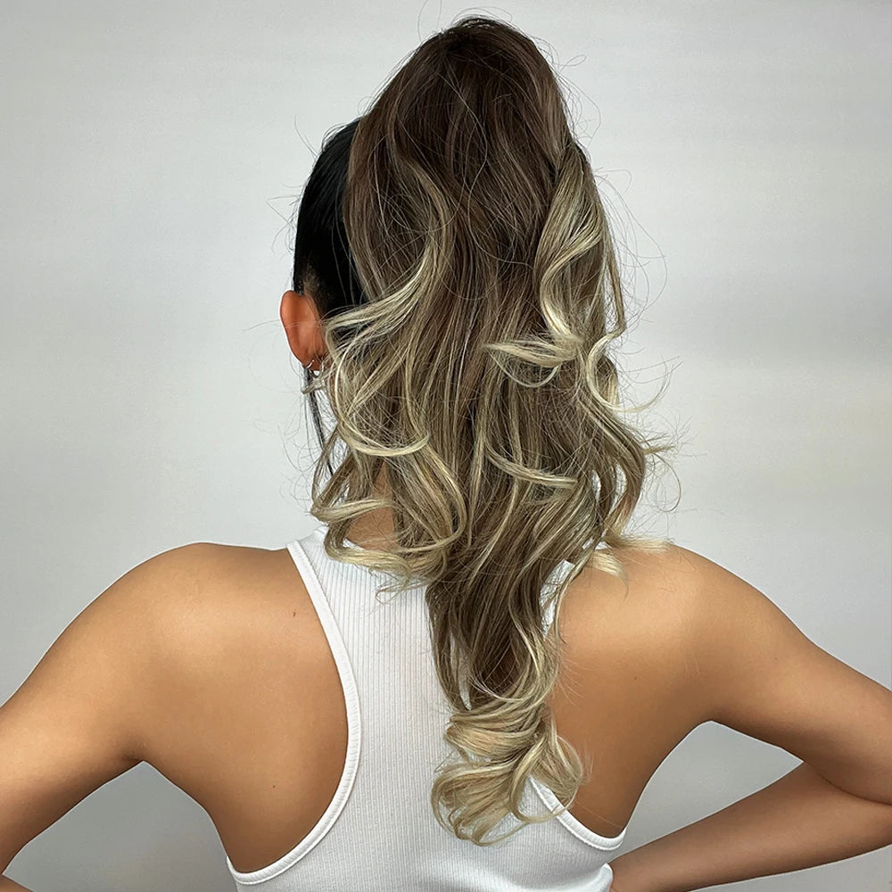 Ombre Brown Blonde Ponytail Wig Natural Wave Synthetic Hair Extension for Women Clip in Claw Hairpiece Heat Resistant