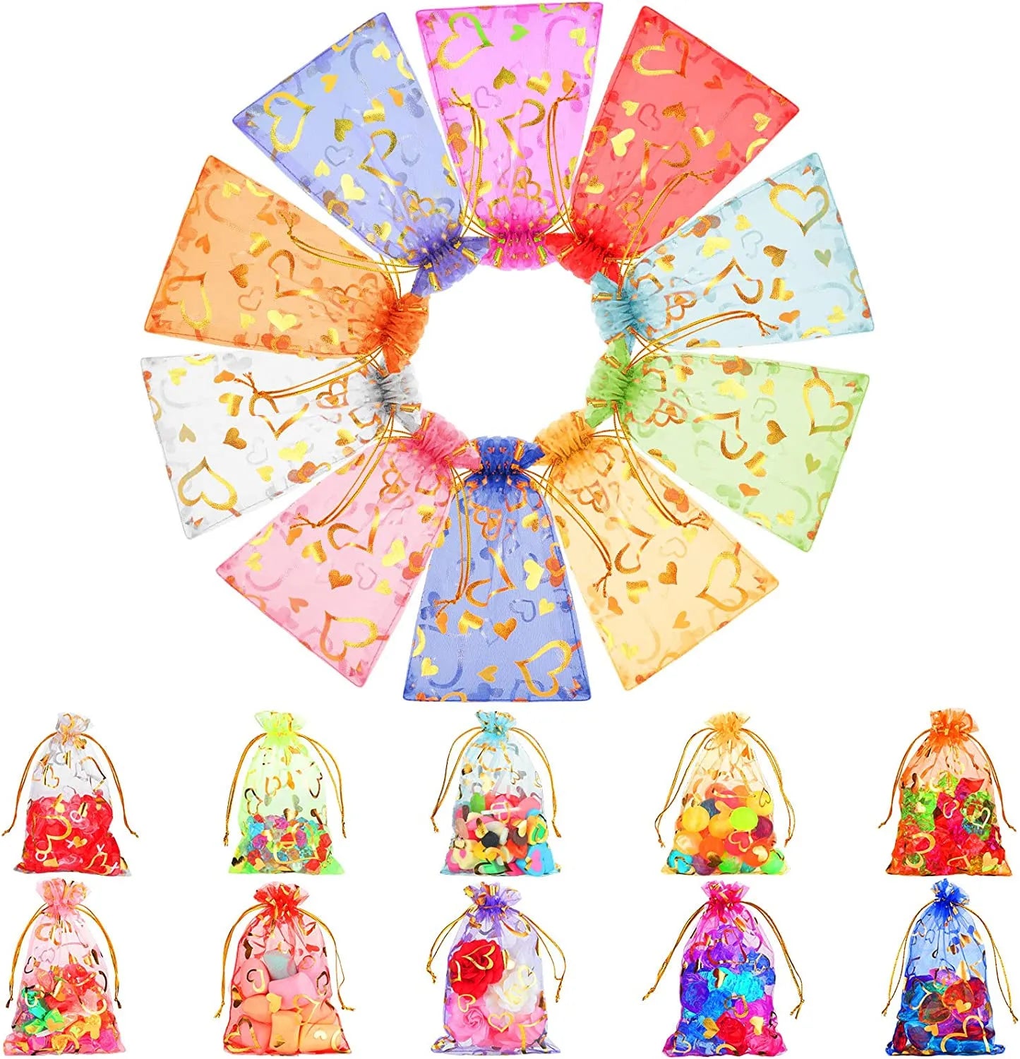 Multi-Color Drawstring Heart Organza Bags & Pouches for Jewelry Candy Wedding Favors-Hot Stamped Custom Logo Gift Packaging