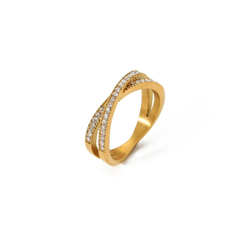 Cross Finger Rings Design High Polished Stainless Steel Cubic Zircon Bezel Simple Ins Europe 18K Full White Trendy Opp Bag