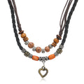 Bohemian Vintage Style Double Layer Beaded Leather Necklace with Heart Charm Pendant for Parties and Weddings