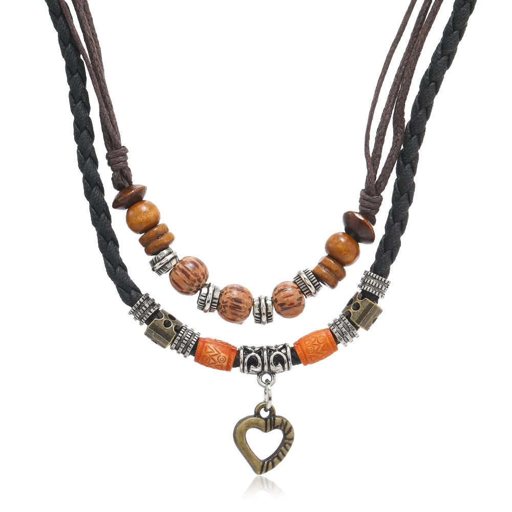 Bohemian Vintage Style Double Layer Beaded Leather Necklace with Heart Charm Pendant for Parties and Weddings