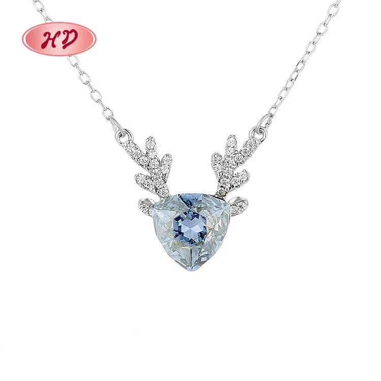 Wholesale Luxury Blue Large Zirconia 925 Plated Silver Charm Cute Animal Antlers Pendant Necklace for Women Jewlery