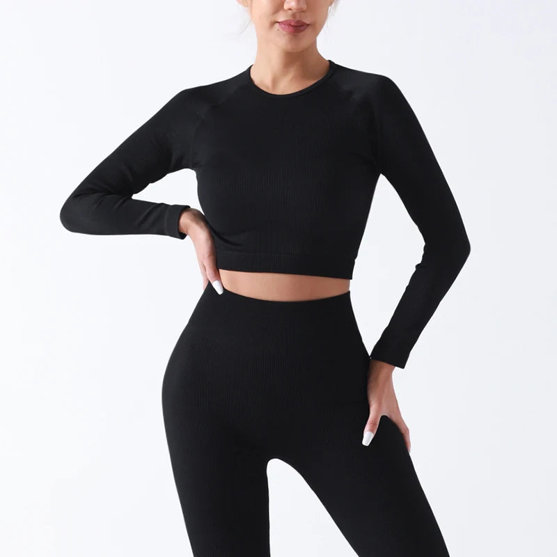 Custom Gym Fitness Workout Set Seamless Long Sleeves Top Adults Plus Size Breathable Skinny Fit OEM Custom Sportswear