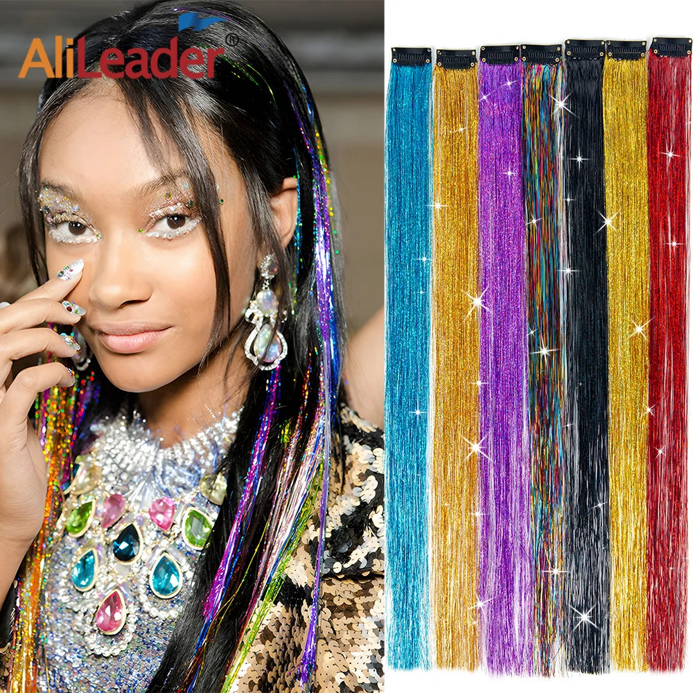 Wholesale 15 Colors Glitter Clip-in Tinsel Hair Extensions High Temperature Fiber Synthetic Hair for Hair Decoration