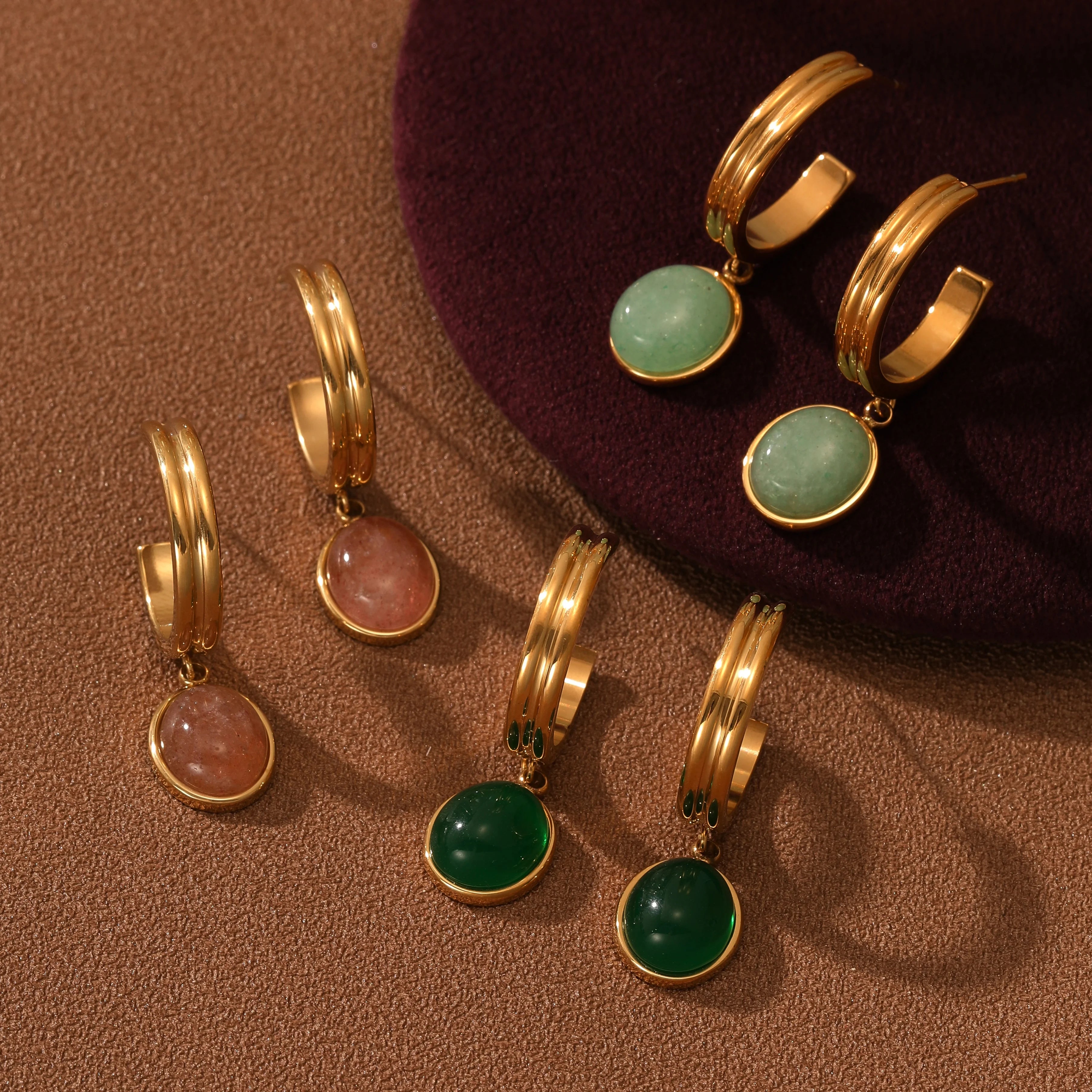 NEW Trendy Women's Stainless Steel Jewelry Aventurine Natural Stone Pendant Earrings 18K Gold PVD Plated Titanium Steel Earring