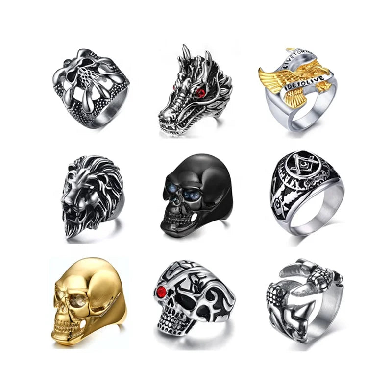Vintage Octopus Animal Claw Skull Dragon Lion Tiger Head Shaped Stainless Steel Ring With Masonic Triangle Symbol Sign