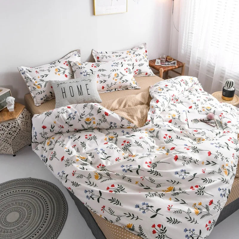 Wrinkle-free Plant Printing Thickened Sanding Four-piece Set Simple Autumn and Winter Single Sheet Quilt Cover Bedding Set