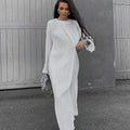 Fall Clothing Solid Buttoned Pleated Casual Loose Oversize Long Sleeve Maxi Dress Ladies Women's Dresses Modest