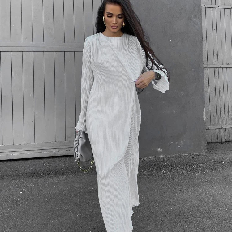 Fall Clothing Solid Buttoned Pleated Casual Loose Oversize Long Sleeve Maxi Dress Ladies Women's Dresses Modest
