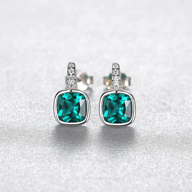 925 Sterling Silver Square Artificial Colored Gemstone Stud Earrings Rhodium Plated Stylish Design Earrings for Women