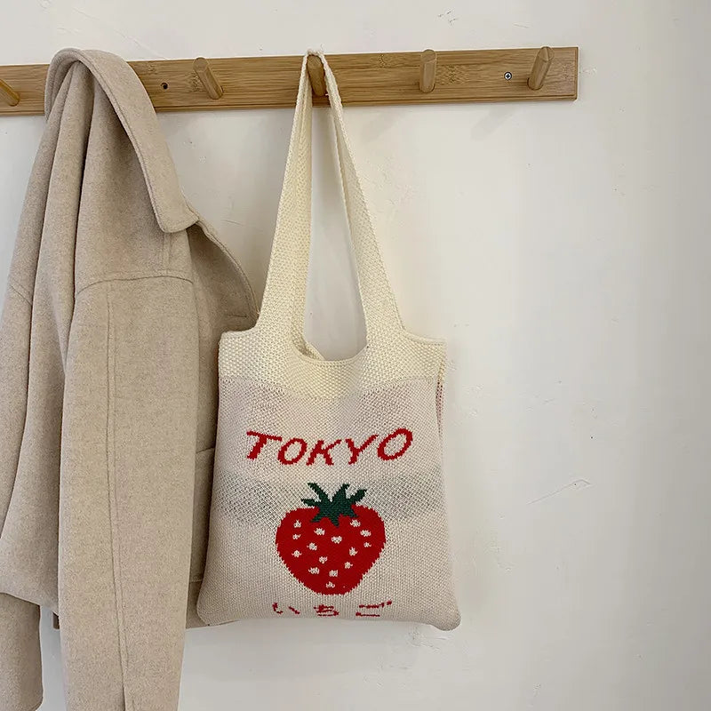Large Capacity Japanese Women's Tote Bag Cute Strawberry Embroidered Knitted Shopping Bag