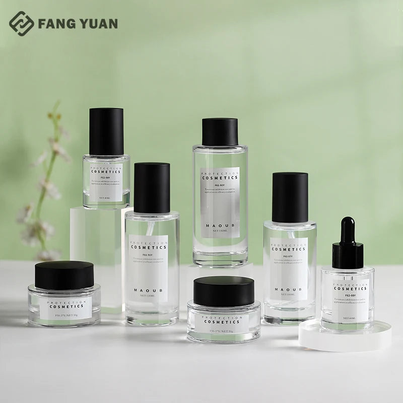 New Design Thick Bottom Clear Glass Cosmetic Serum Lotion Pump Bottle Screw Cap Skincare Packaging Stock