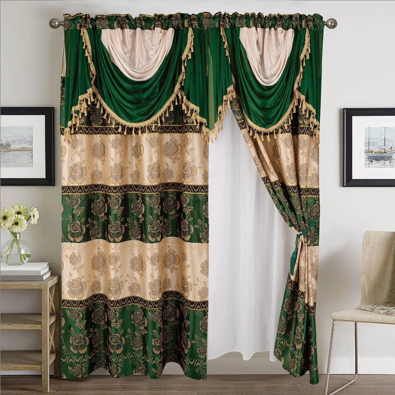 Green Blackout Cozy Woven Geometric Printed 3-Piece Polyester Home Hotel Curtains