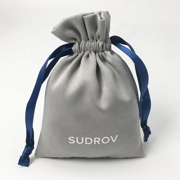 Custom logo Printing Soft Knitting Gray Twill Polyester Jewelry Bag Pouch Small Makeup Cosmetic Drawstring Bag Pouch