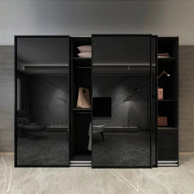 China Wardrobe Clothes Organizer Black Tempered Glass wardrobe Closet