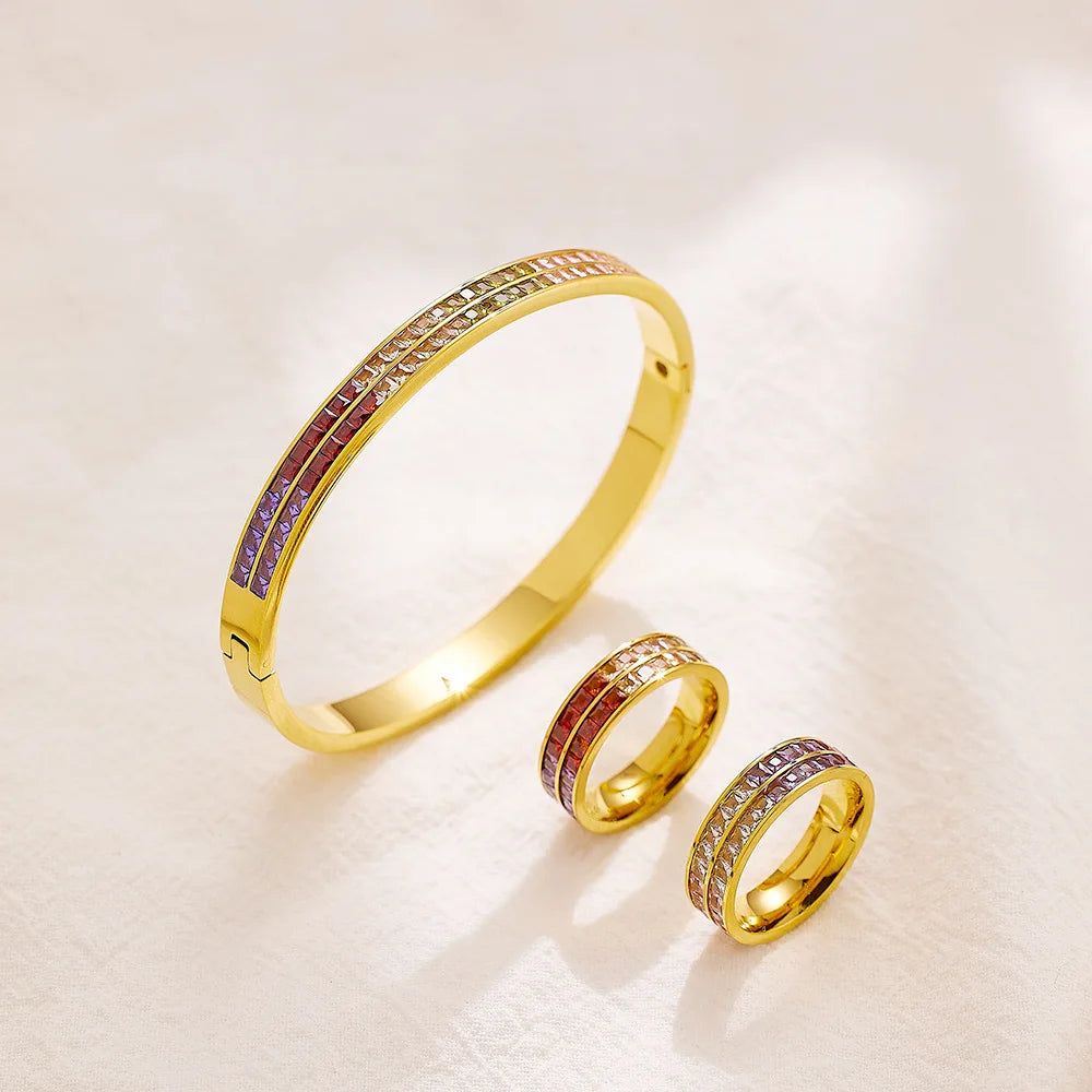 Beimai OEM Zircon 18k Gold-plated Titanium Steel Bangle Ring for Women Set
