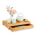Custom Logo Bamboo Rectangular Serving Tray Set with Slide-Out Drawer for Fast Food Household Hotel Restaurant Wood Plate Model