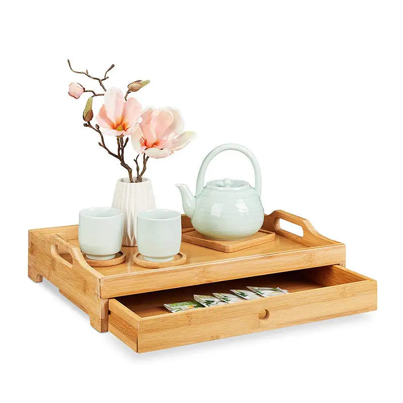 Custom Logo Bamboo Rectangular Serving Tray Set with Slide-Out Drawer for Fast Food Household Hotel Restaurant Wood Plate Model