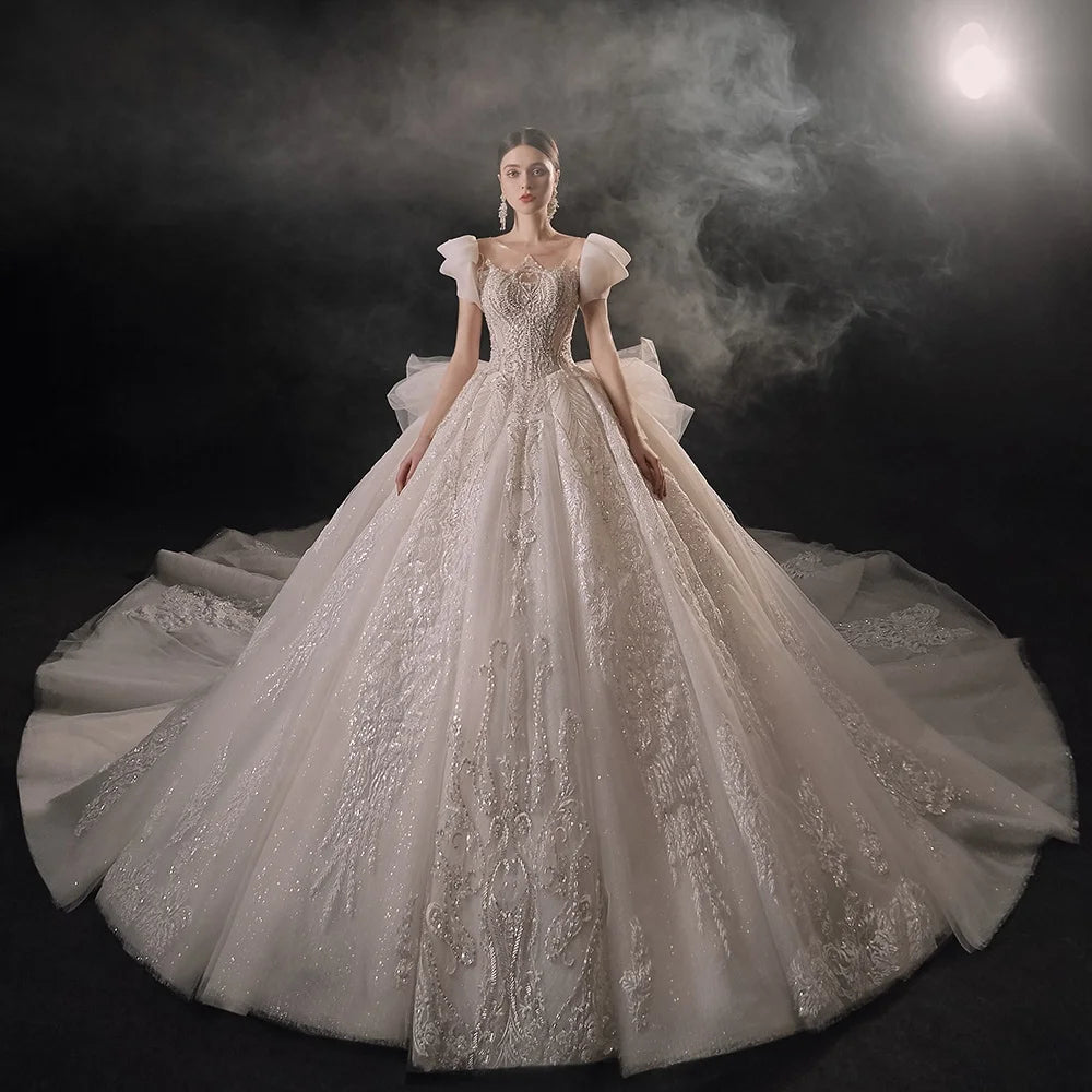Jancember LSMX072 Glitter Bow Long Tail Bridal Ball Gown Wedding Dresses