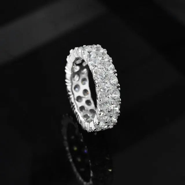 925 Sterling Silver 2Rows Round Cut Iced Out Crystal Cubic Zirconia Double Row Eternity Bands Ring