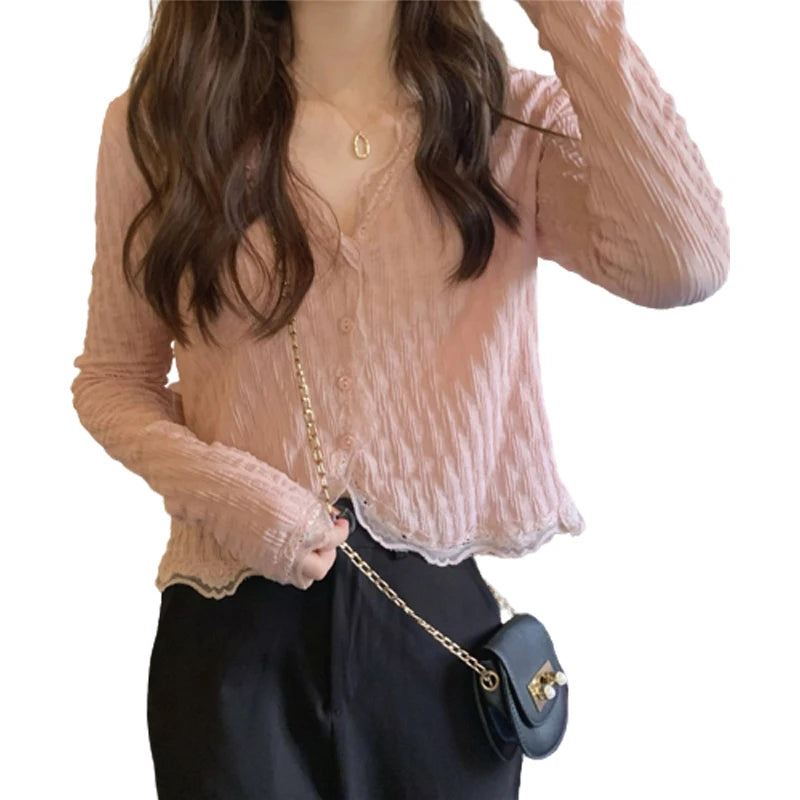 Korean Style V-Neck Lace Edge Cardigan Casual Long Sleeved Blouse for Women Simple Fashion Skinny Fit Spandex Spring Season