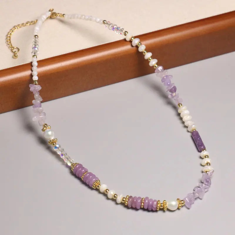 Luxury Natural Stone Choker Abacus Amethyst Beaded Necklace Baroque Pearl Adjustable Chain Jewelry for Women Girls Party Gift
