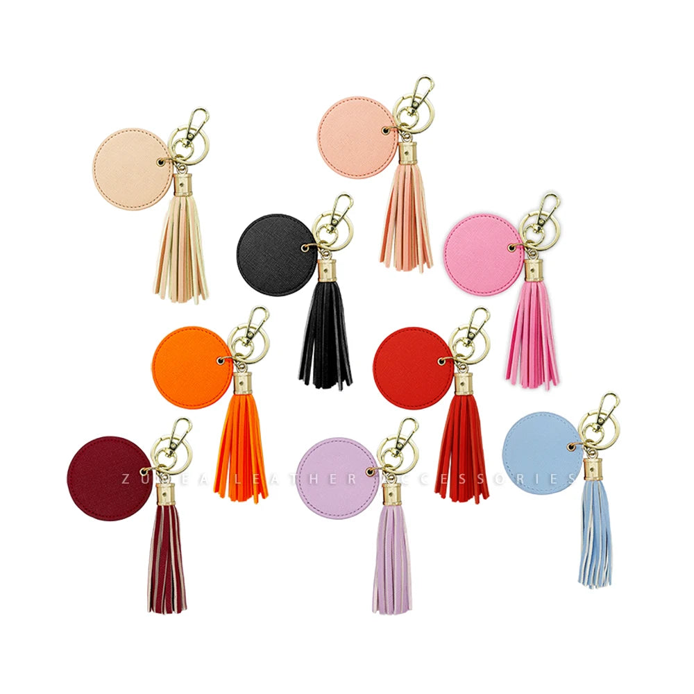 Round Custom logo Metal Hardware Vegan Leather Souvenir Gifts Circle Car Key Keyrings PU Vegan Saffiano Leather Tassels Keychain