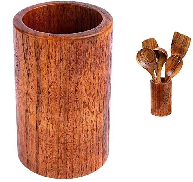 Natural Acacia Wood Kitchen Utensil Holder Sustainable Cooking Utensil Set & Cup Holder for Homes