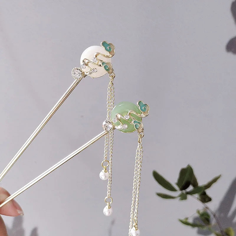 Chinese Style Retro Ping'an Safty Imitation Jade Hairpin Chopsticks Metal Hair Sticks Pan Hair Hairpin Headwear Hair Clip