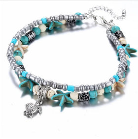 FineMe Starfish Turtle Anklets Multiple Layered Boho Gold Chain Anklet Heart Beach Turquoise Stone Charm Anklet