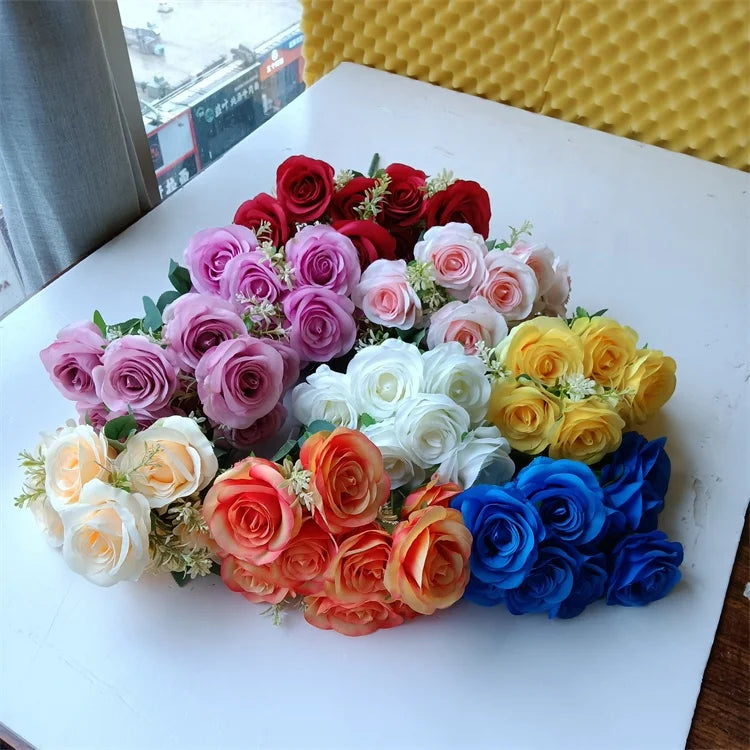 New Style U-3398 Artificial White Silk 9 Heads Rose Bouquet Flower for Home Wedding Decoration