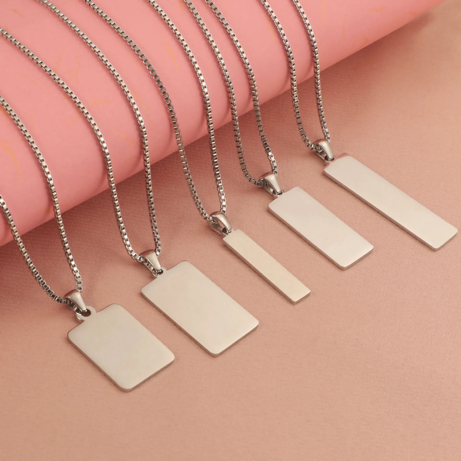 Wholesale Custom Logo Multi Size Simple Stainless Steel Box Chain Blank Square Rectangular Bar Pendant Necklaces for Gift