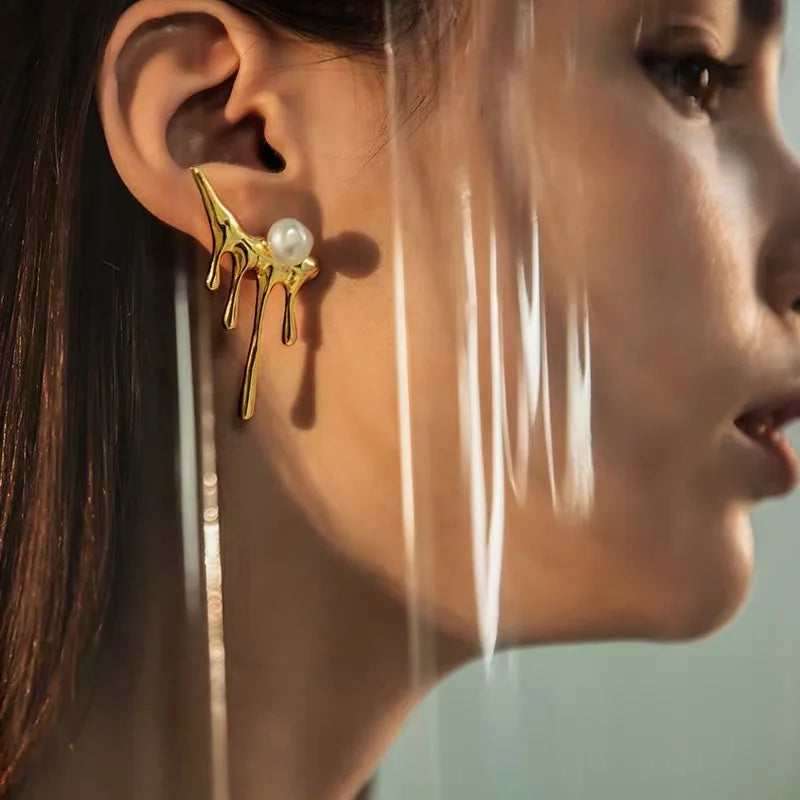 Hot Trendy Silver Color Pearl Metal Irregular Stud Earrings Fashion Jewelry Lava Drop Earrings for Women