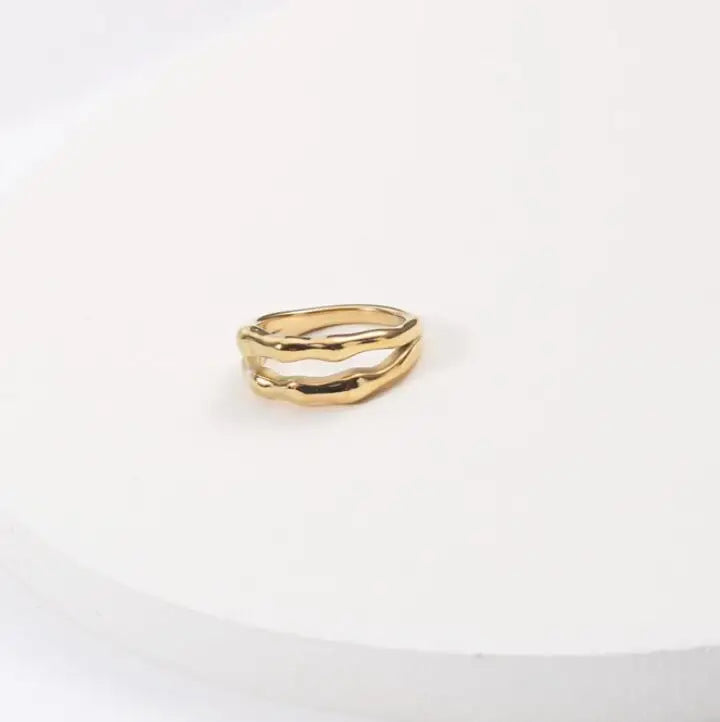 Stainless Steel Minimal Jewelry Irregularity Band Ring Bamboo Textured Double Band Ring Gold Plated
