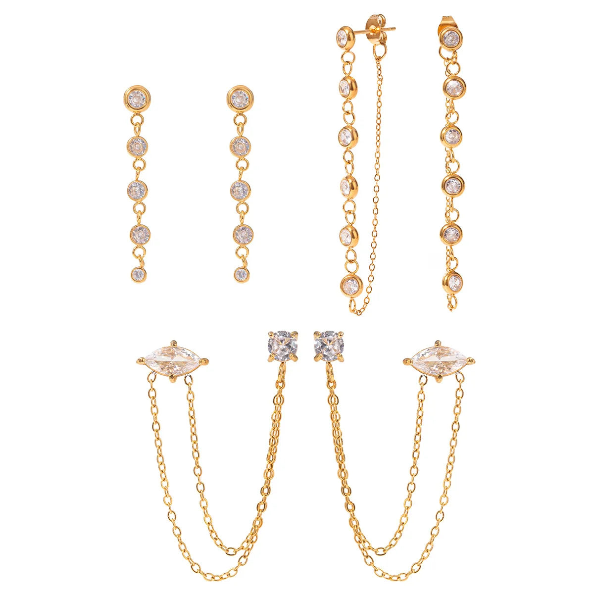 Simple Long Chain Tassel Stud Earring With Round CZ Paved Earrings
