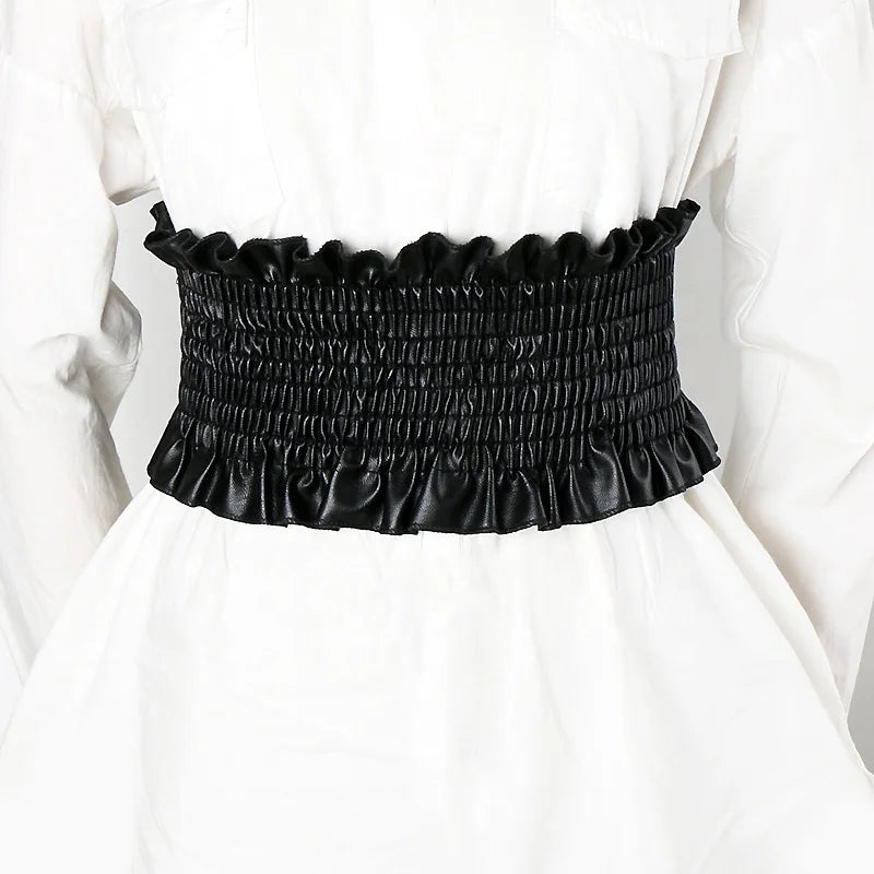 Women's New Fashion Extra Wide Leather Belt with Lace Waist Seal Decorative and Alloy Buckle