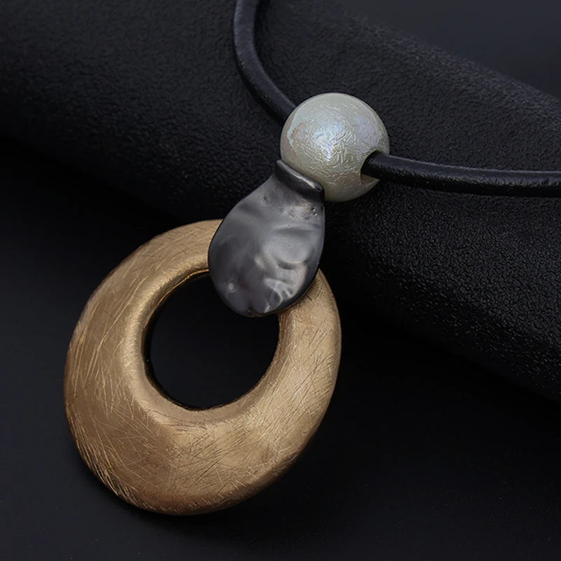 TongLing European Long Necklace Black Rope Alloy Pearl Buckle Hollow Round Charm Pendant Necklace for Women