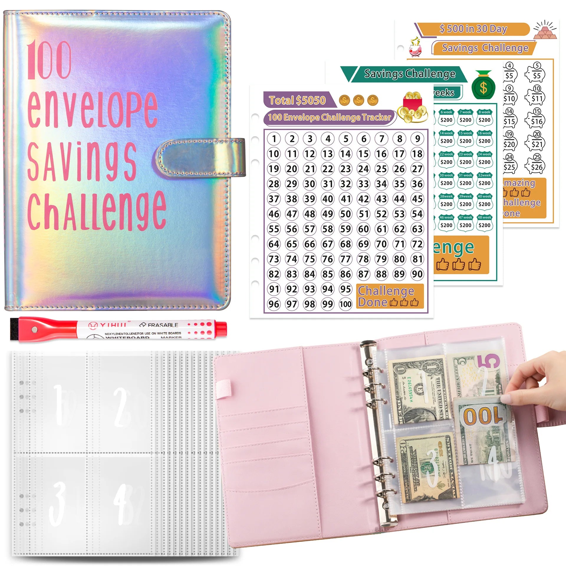 A5 A6 2024 Laser Marble pink 1000 52 Week 100 Day Budget Folder Planner Binder Cash Money Saving Challenge Book with Envelopes