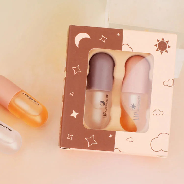 2 Pcs Moisturizing Nourishing Lip Plumping Liquid Day and Night Double Effect Waterproof and Long-Lasting Lip Serum Oil