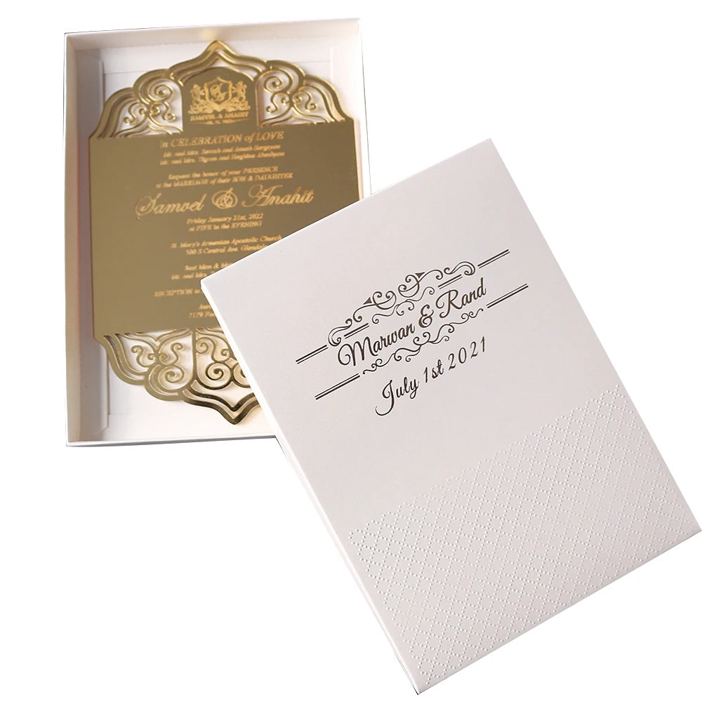Hottest Design Golden Mirror Acrylic Card With Engraving Text Luxurious Embossed Box Custom Acrylic Wedding Invitation Cards
