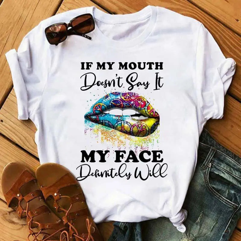 Custom Logo Summer Women's Butterflies Lips Print Large Loose Casual Round Neck Short Sleeved T-shirt Casual Short Sleeve Shirt