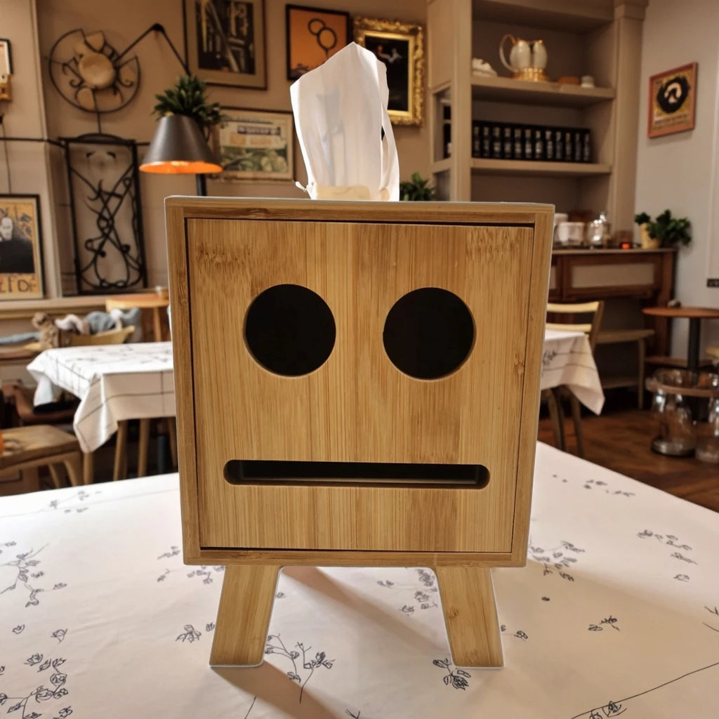 Bamboo Tissue Box Holder with Smiling Face Design Home Office Napkin Storage Organizer & Table Feature Paper Towel Reel Included