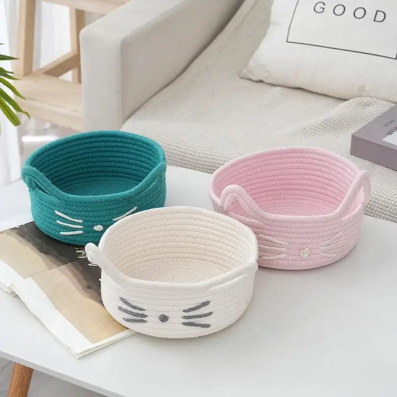 Cute Foldable Blue Cat Storage Basket Weaved Cotton and Rope Organizer for Key Entrance or Small Desktop Home Decorative Item