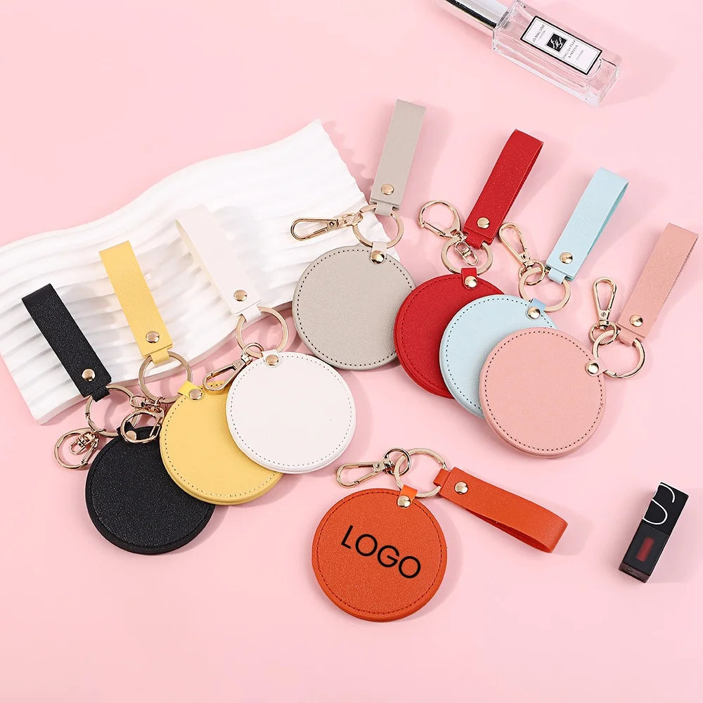 Portable Rotating PU Leather Keychain Makeup Mirror Small Round Cosmetic Mirror for Travel Box Packing