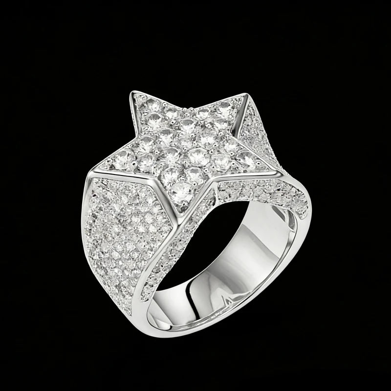 Star Jewelry Design  Men's Hip Hop Style Iced Out Cubic Zircon Stones Star Shape 925 Sterling Silver Ring for Gift Party