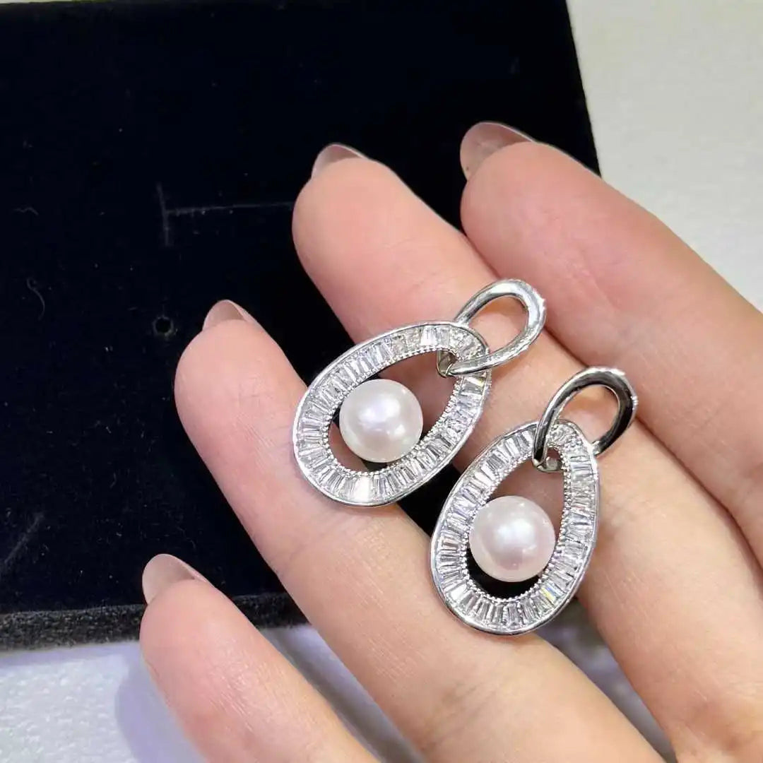 Bread Shape AAAA Grade Platinum Plated Anti Allergic Women's Pendant Earrings with 8-9mm Natural Genuine Pearl